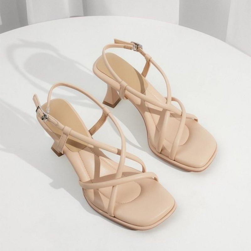 Fashion New Summer Stiletto Sandals Women's Square Head Open Toe Cross Thin Strap Soft Sole Anti-slip Wear-resistant High Heels