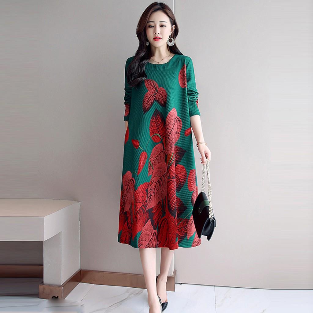 Fashion Casual Women Long sleeve Long Dress  Printed Loose Dress