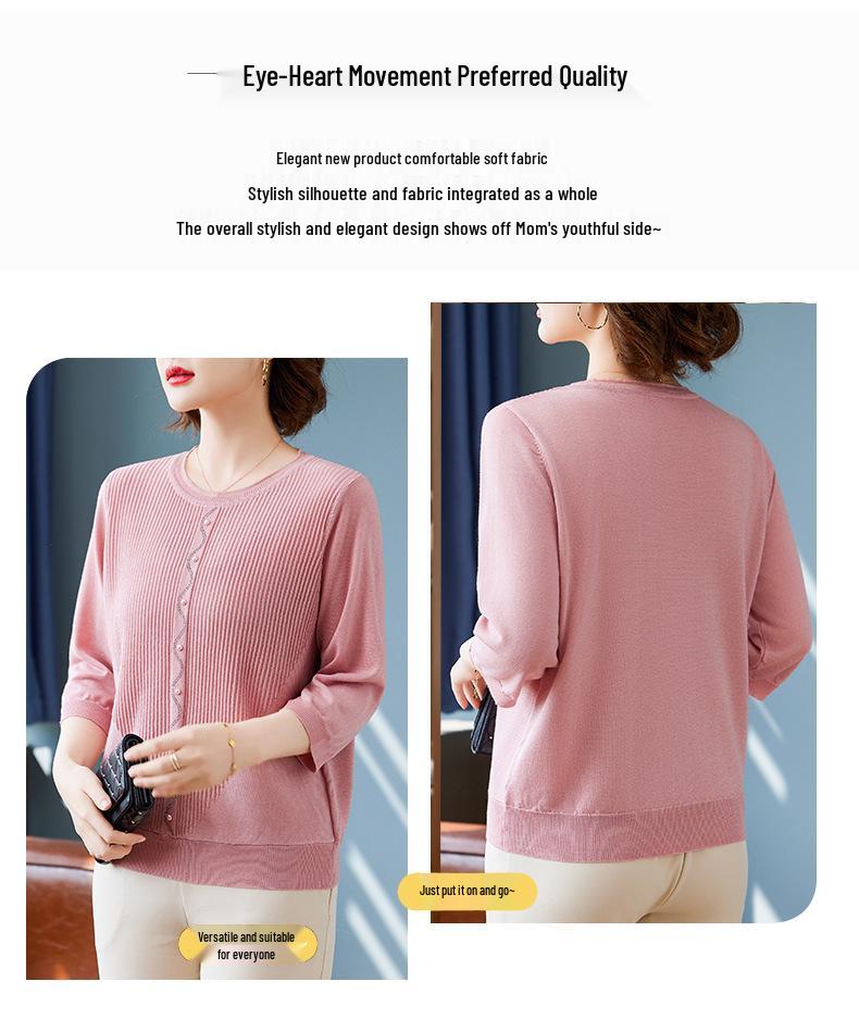 Stylish Thin Base Layer Knit T-Shirt for Middle-Aged Women, Small Size, Mid-Sleeve, Perfect for Spring and Autumn