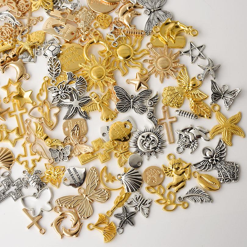 Mix Charm Metal Gold/Silver Color Animal Sun Angel Leaf DIY Pendant Charms For Jewelry Making Bulk Vintage Materials Accessories
