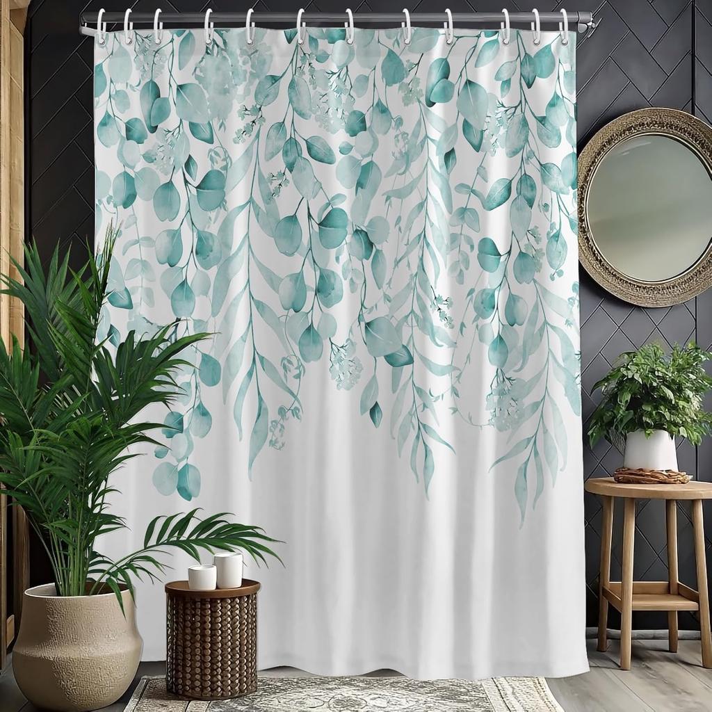 Rustic Brown Leaf Shower Curtain with Hooks, Watercolor Botanical Eucalyptus Bathroom Decor, Boho Farmhouse Waterproof Polyester