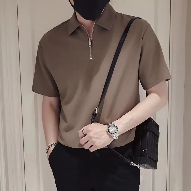 Summer Men's Black Half Zip Polo Shirt Casual Stand Collar