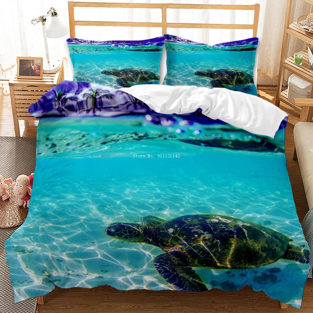 Queen & King Size 3D Undersea World Whale Shark Printed Down Quilt Cover & Pillow Cover Bedding Set with Blue Background