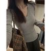 Solid Color V-Neck Long Sleeve Slim Fit T-Shirt for Women - Early Autumn Basic Layer Top