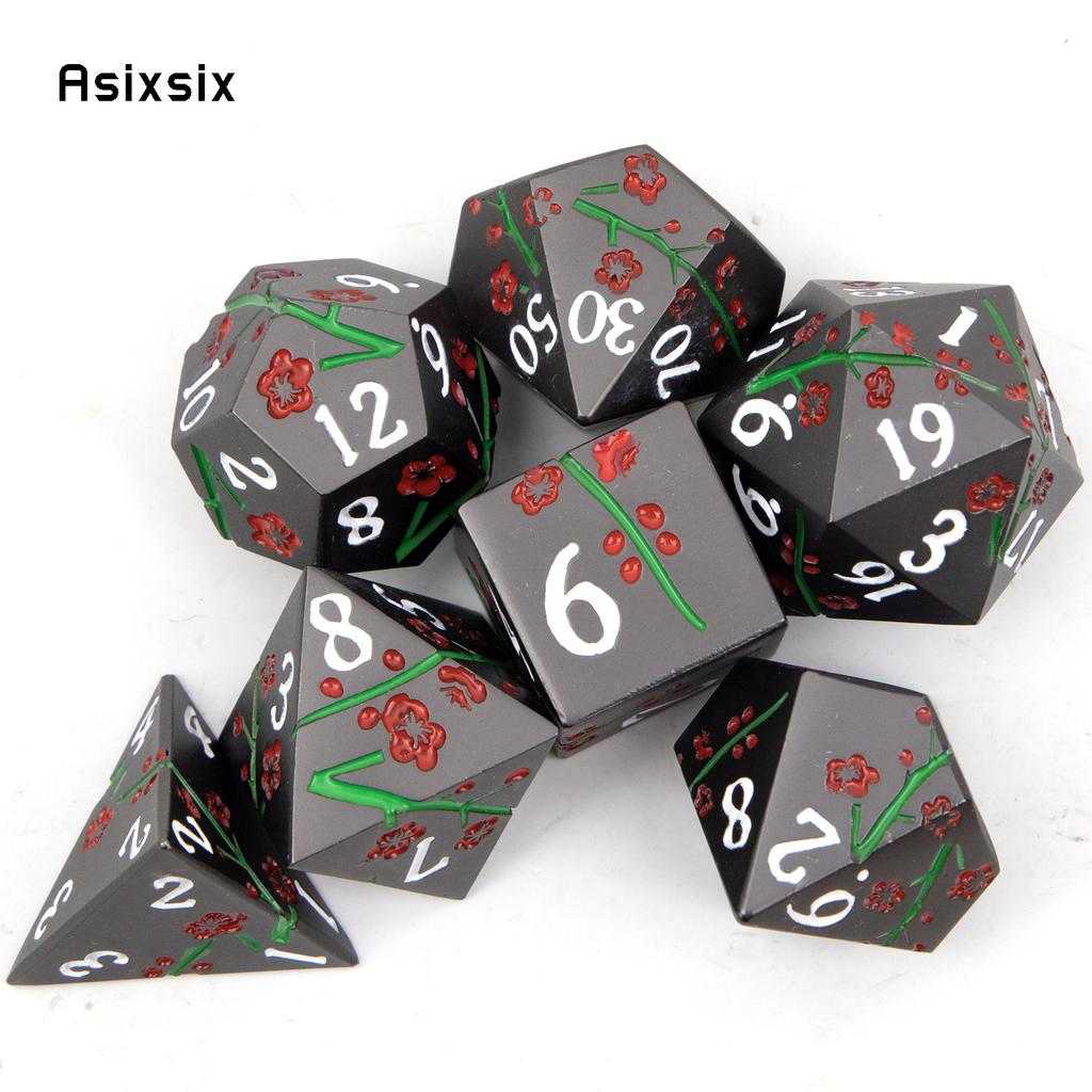 7 Pcs Black Flower Metal Dice Solid Metal Polyhedral Dice Set Suitable for Role-Playing RPG Board Game Card Game