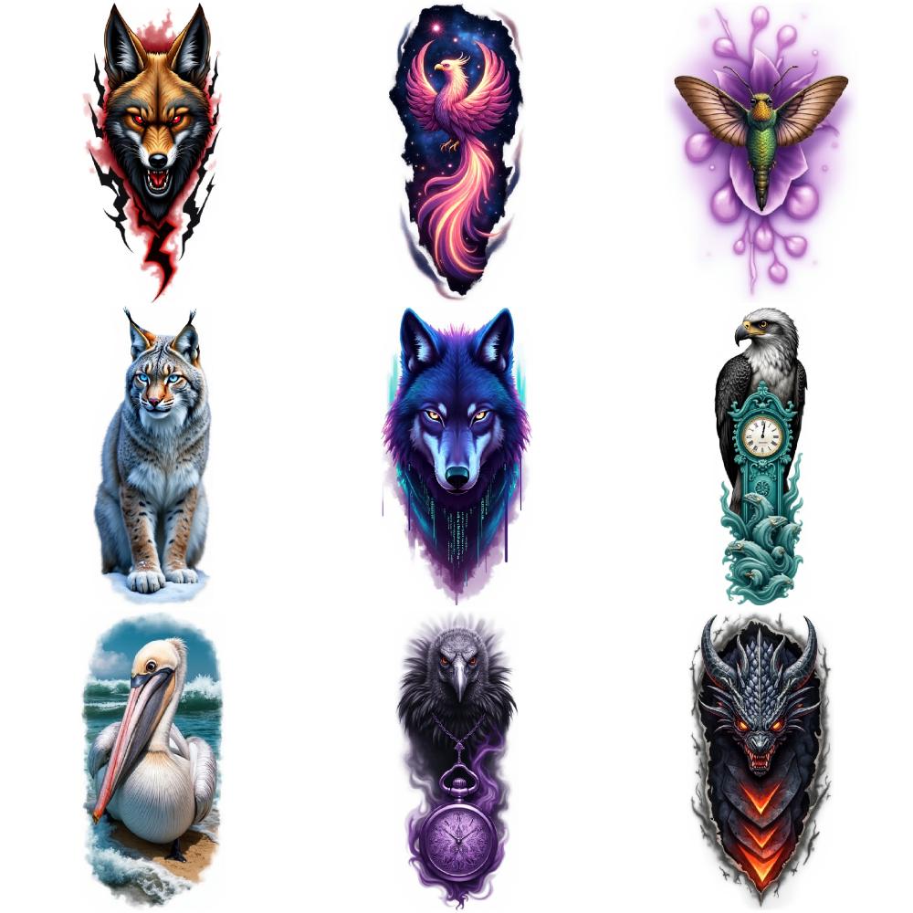 9 Stück Temporäre Tattoos Bunt Realismus Drache Schmetterling Katze für Oberschenkel Männer Arme