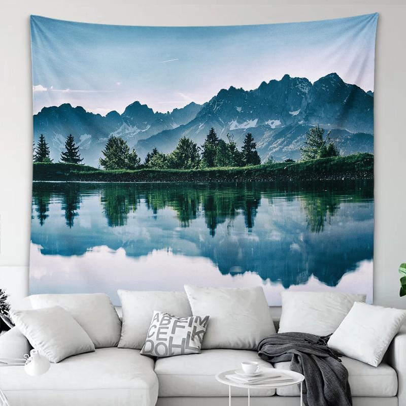 

Натуральная красота гобелен горы и реки отражение настенное художественное оформление эстетика комнаты гостиная спальня украшение дома 100X75CM