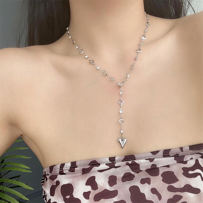 Trendy Gold Silver Color Glass Long Y-Shaped Heart Pendant Necklace Metal Clavicle Chain Bohemian Body Jewelry Party Gifts