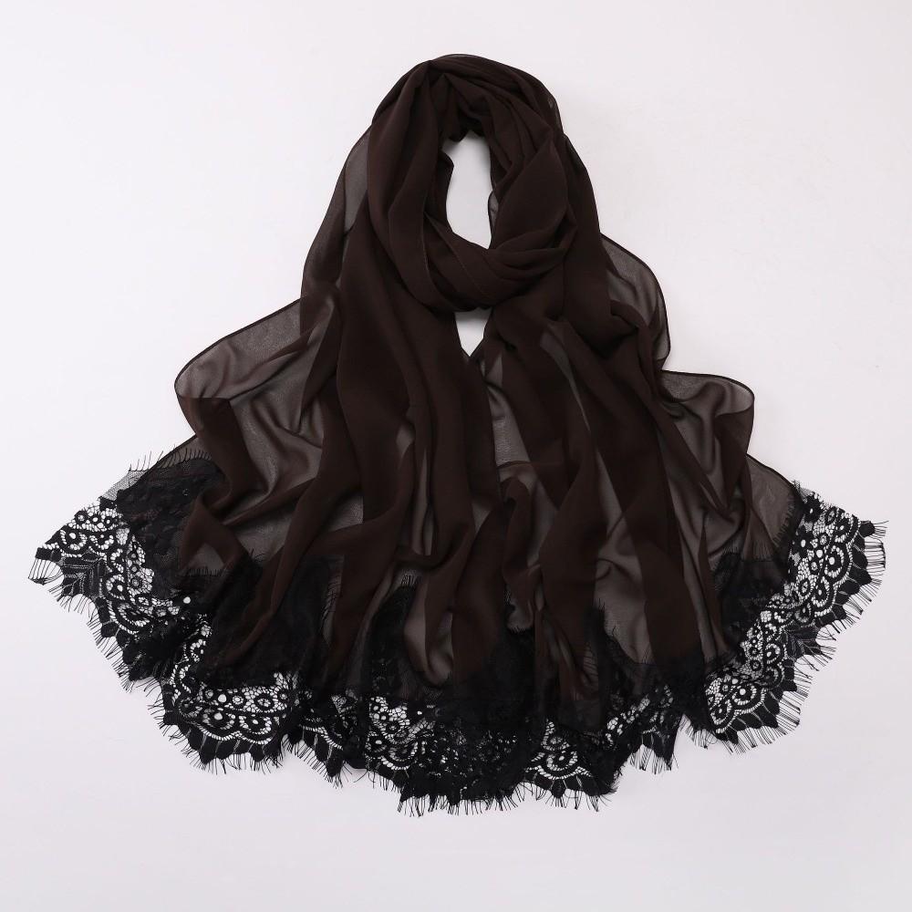 Pearl Chiffon Lace Edge Scarf Eyelash Black Lace Islamic Shawl Wrap Soft Long Hijab  Daily Wear