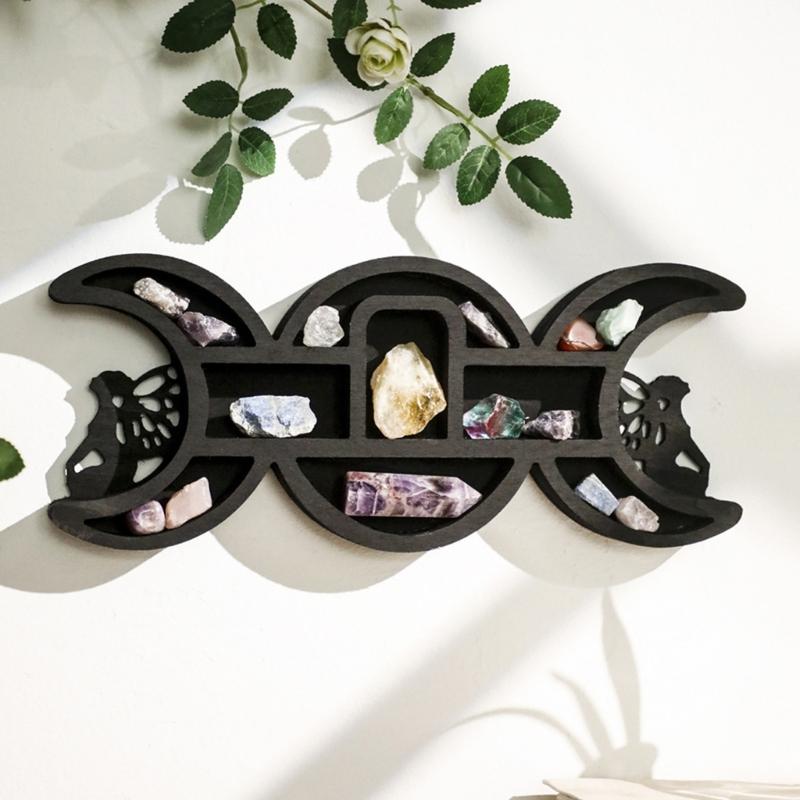 Black Fairies Moon Design Wooden Wall Crystal Display Hanging Shelf With Multi Compartments For Artistic Storage Solution