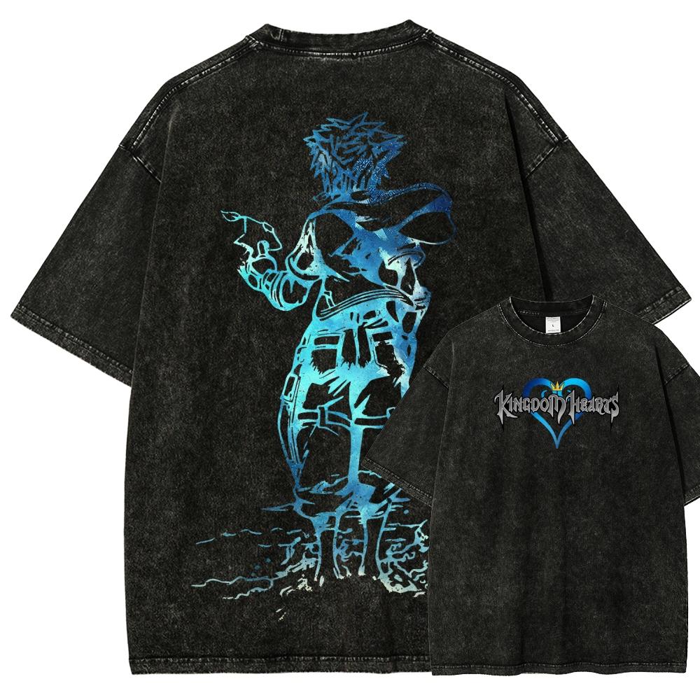 Kingdom Hearts Washed T-shirt personality Clothes New?Model Anime T-shirt Plus Size Unisex Comfortable Washed Retro Couples soft S разноцветный