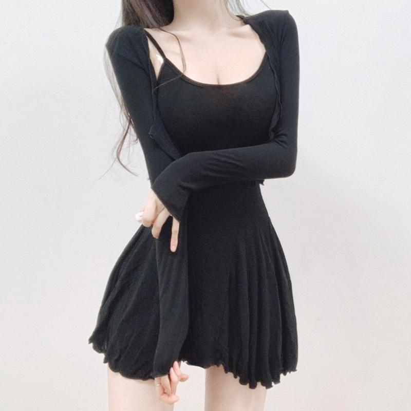 Dongdaemun Slim Fit Cardigan & Suspender Dress Set - Sexy, Figure-Revealing Two-Piece Outfit