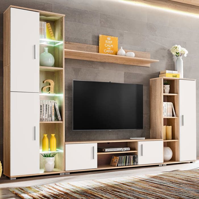 VidaXL Meuble TV Mural avec Lumière LED, Armoire de Télévision avec Étagère, Meuble Télé de Salon Intérieur, Moderne, Chêne 246030