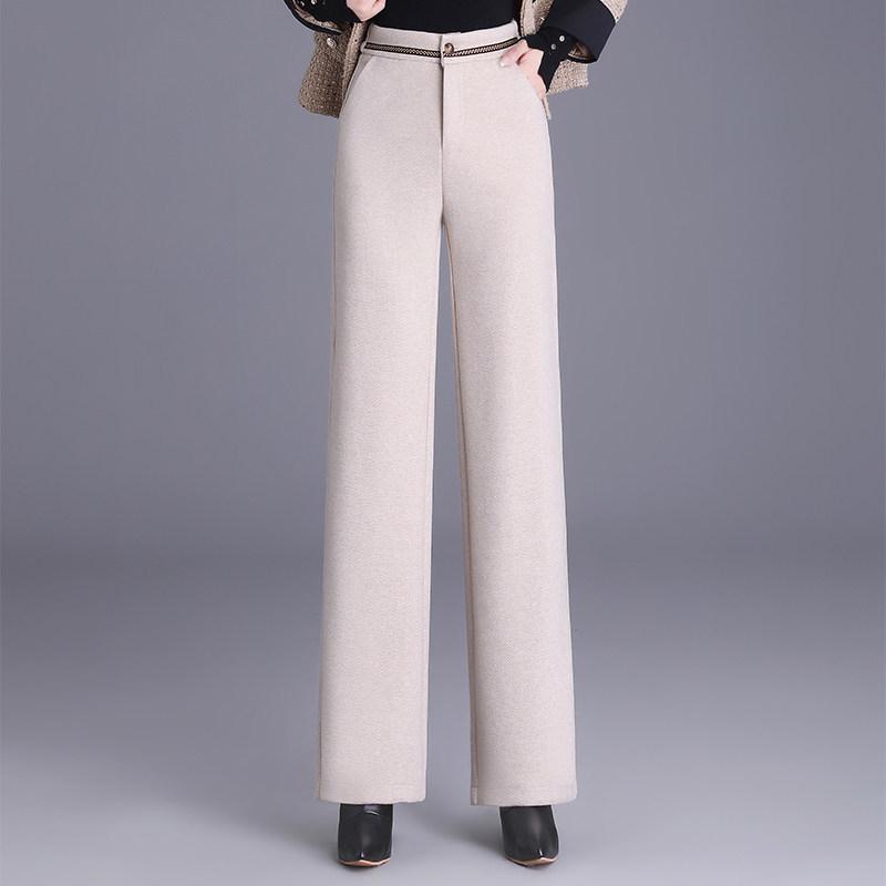 Women's Woolen High-Waisted Wide-Leg Pants - Versatile Spring/Autumn Style, Thickened with Elastic Back, Straight-Leg Trousers