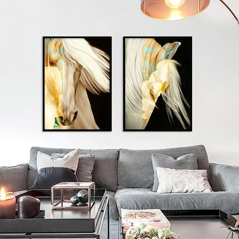 Handsome Horse Abstract White Horse Oil Painting Indoor Decorative Painting Wall Pictures for Living Room Posters and Prints No Frame
