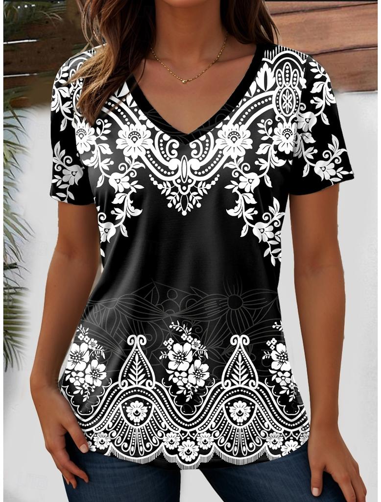 2025 Ethnic Women's T-Shirt Vintage Graphic Fashion Short Sleeved V-Neck Regular Tops Daily Print Tee Summer Spring Casual Tops