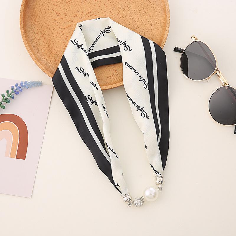 Korean Style Silk Scarf Necklace: Pearl Pendant, Magnetic Clasp, Women's Thin Choker