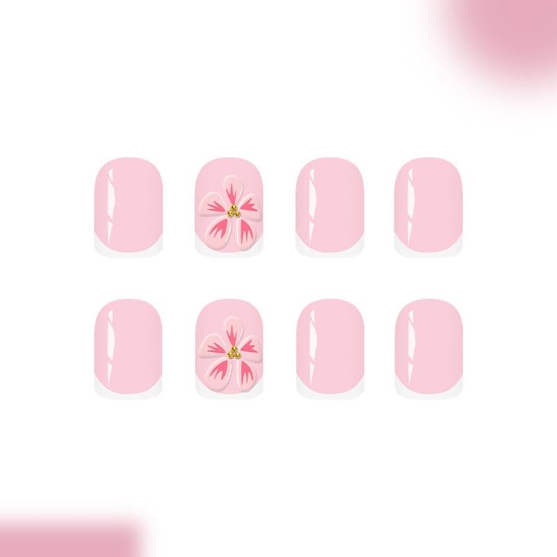 Elegant 3D Raised Flower Press On Nail Pink French Tip Fake Nail Plastic Comfortable Reusable False Nail For Daily Use