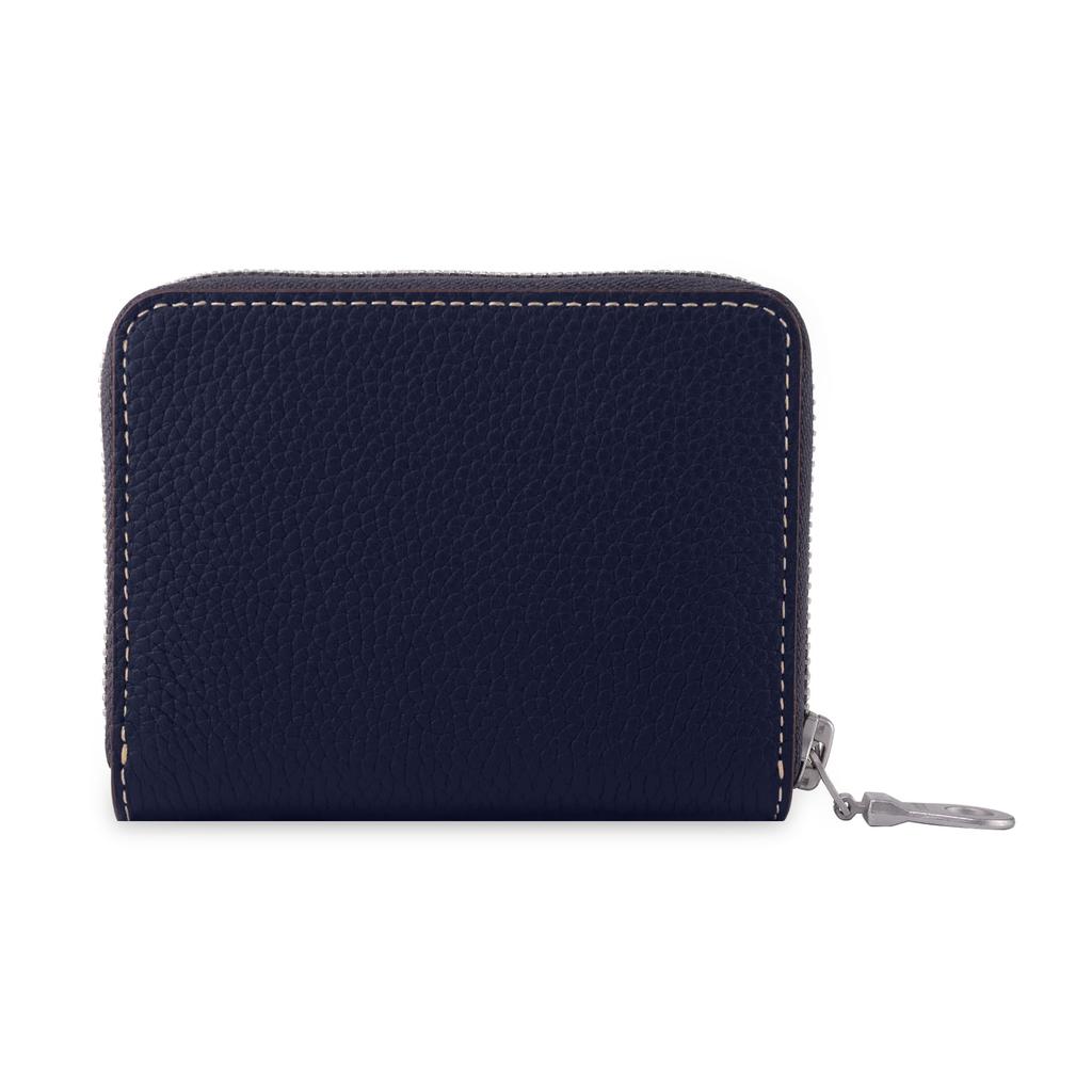 COGURE YKK Genuine Leather Compact Mini Wallet with Round Coin Card and Box Included for Men and Women Zipper, Purse, Slots, (COPZ-CP, Navy)