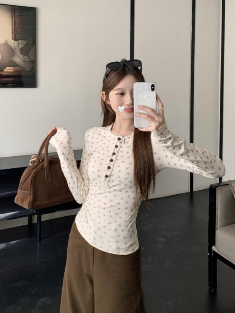 Koreanischer Stil Blumenmuster Langarm Damen Chic Schlankmachendes T-Shirt