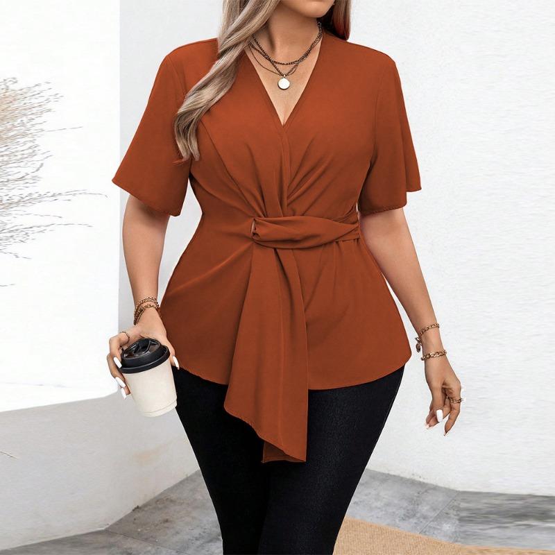 Plus Size Women V Neck Cinched Waist Short Sleeve Elegant Casual Commuting T Shirt