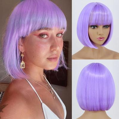 Women Synthetic Light Purple Wig Cosplay Short Straight Bob Hair with Bangs Purple Wig Shoulder Length Halloween Party Wig
