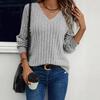 2025 Women's V-neck Long Sleeve Ribbed Knit Pullover - Spring/Autumn European & American Fashion