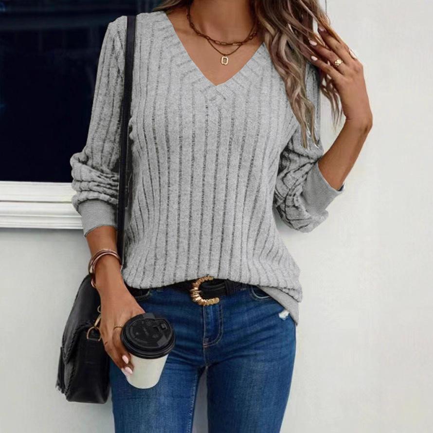 2025 Women's V-neck Long Sleeve Ribbed Knit Pullover - Spring/Autumn European & American Fashion