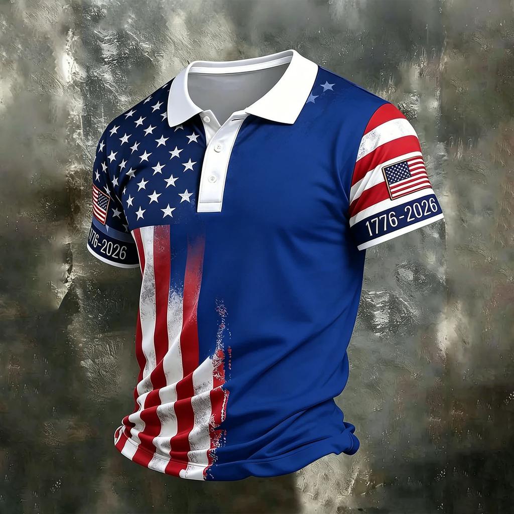 Men's Casual Quick Dry Mesh Golf Polo Shirt Short Sleeve Lightweight Breathable Button Down Top 1776-2026 Flag Print