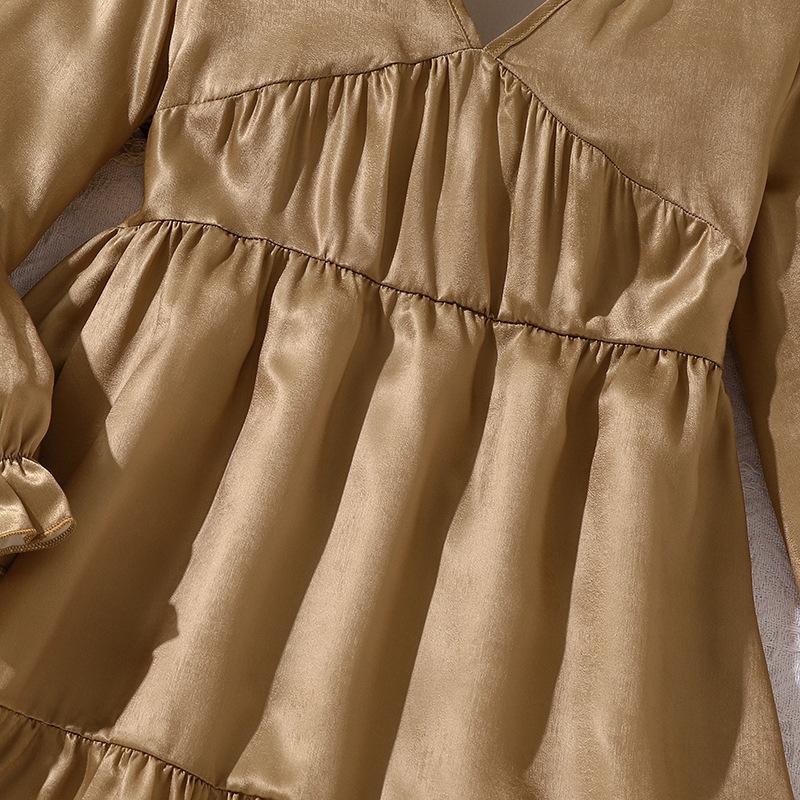 Big Girl Autumn Winter New Elegant V-neck Long Sleeve Flared Waist Slimming Velvet Dress