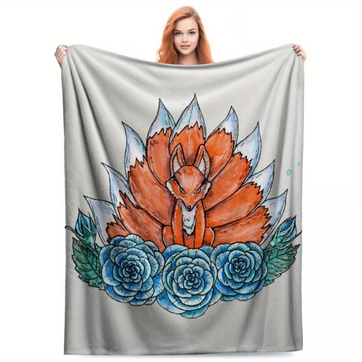 

Kitsune Anime-Inspired Flannel Blanket - Vibrant Red Fox & Blue Roses Design, Soft All-Season Throw for Bed, Sofa, or Home Decor 75x90cm28x35in