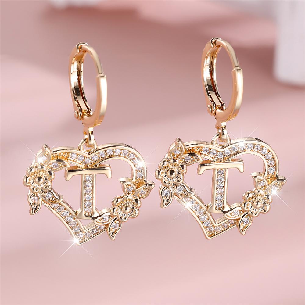 Vintage Hollow Love Heart Flower A-Z 26 Letters Hoop Earrings Yellow Gold Color White Zircon Earring Wedding Jewelry For Women