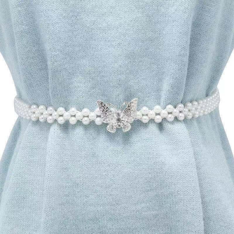 "Korean Style Rhinestone Pearl Waist Chain for Women – Fashionable, Sweet, Elastic Belt"