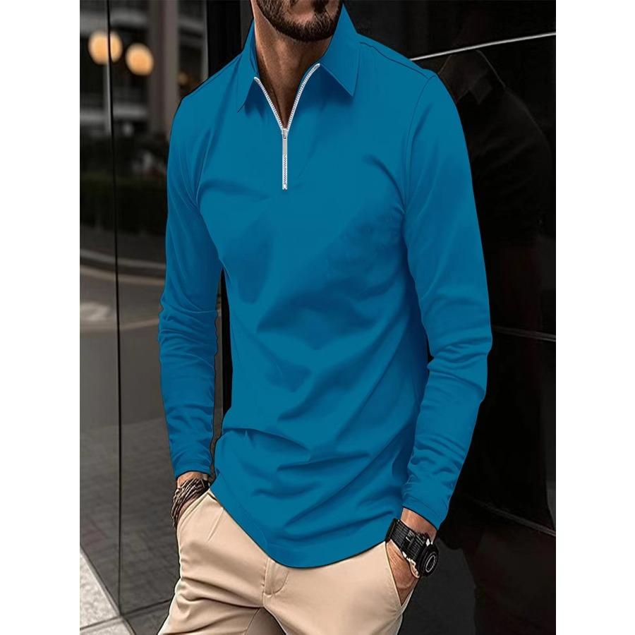 Wiosna Jesień Solidne Koszulki Polo Moda Męska Sportowa Koszulka Polo Z Długim Rękawem Z Kołnierzem Na Zamek Błyskawiczny