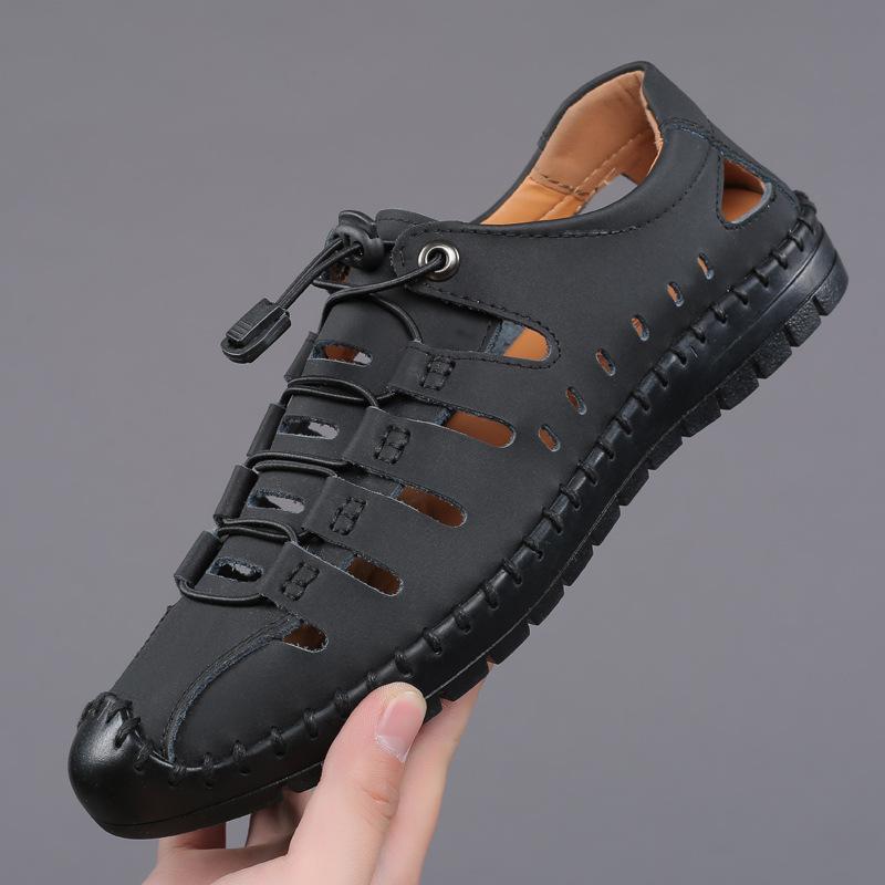 Summer New Men's Sandals Leather Casual Shoes Fashion Versatile Hollow Bag Head Breathable Hole Shoes Men's Shoes Soft