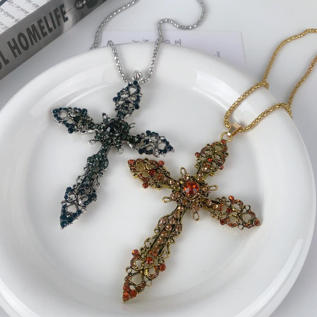 Dark rhinestone cross pendant sweater chain retro sweet cool style personality hip hop street men's and women's necklace collarbone chain
