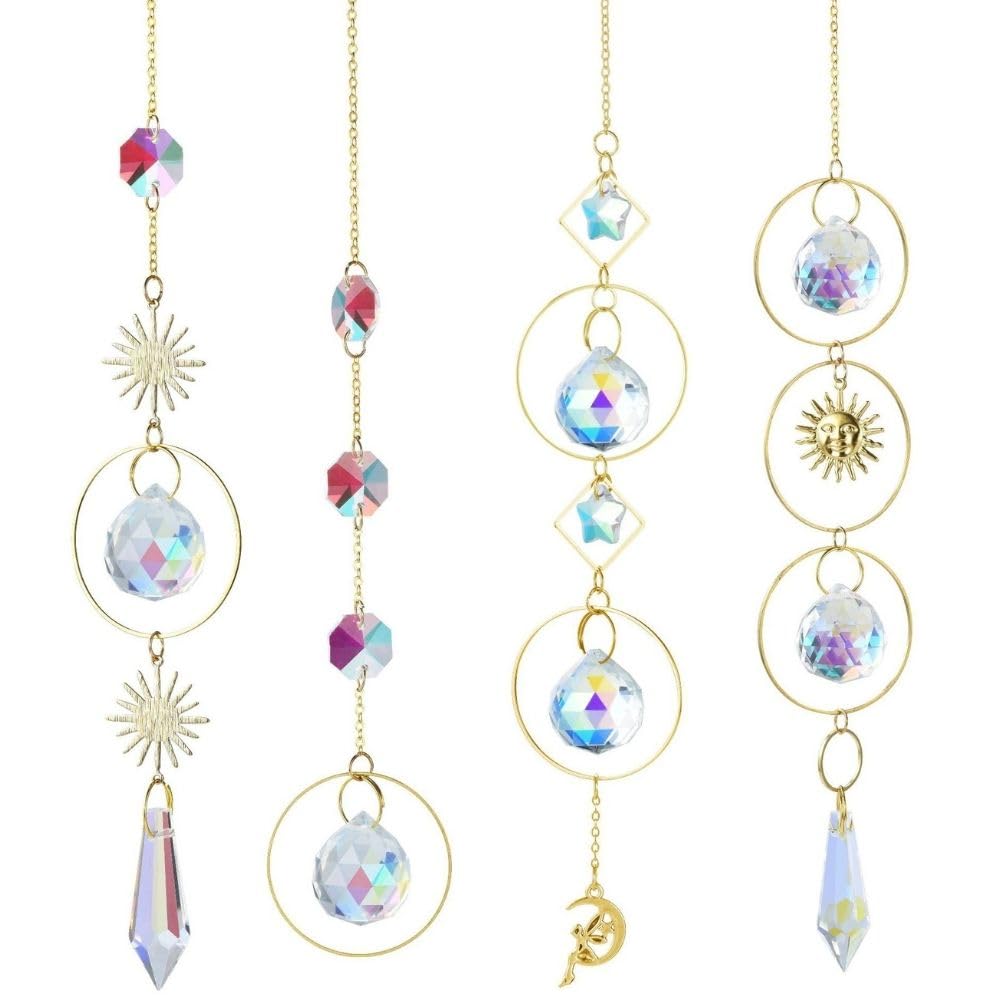 

Ловцы солнца PLEAVIT, Кристальный декор фэн-шуй, Дизайн «Звезда и луна», Восьмигранный хрустальный шар, Набор из 4 штук