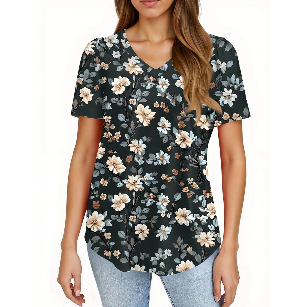 Damska Modna Codzienna Bluzka Pulower z Krótkim Rękawem z Nadrukiem i Dekoltem w Serek