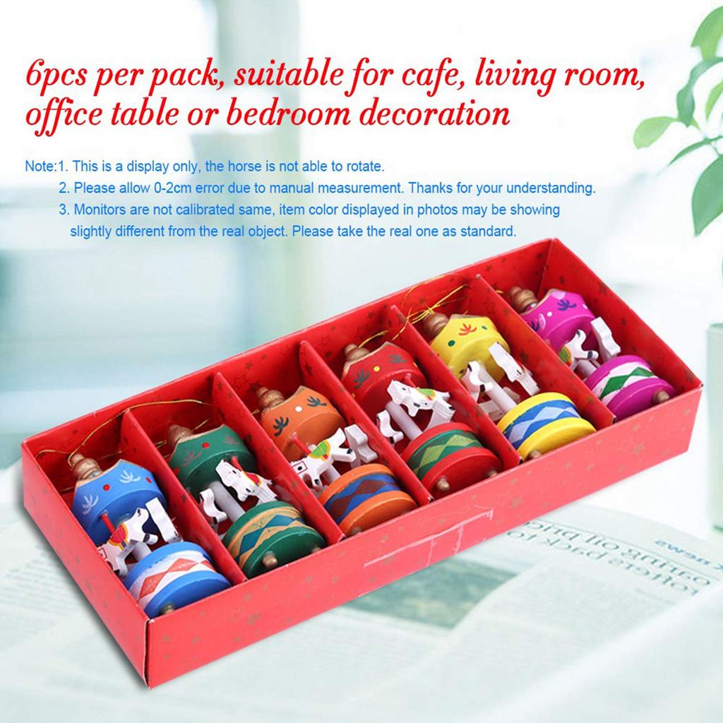 6 Pieces Wooden Carousel Ornament Christmas Tree Ornament Mini Music Box Figurine Carousel Ornament Wooden Material with Hanging Strap Carousel Wooden