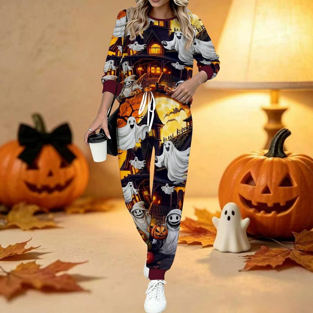 Conjunto de Dos Piezas con Estampado de Halloween para Mujer, Top de Manga Larga con Cuello Redondo y Pantalones Jogger con Cordón, Chándal Casual para Primavera Otoño