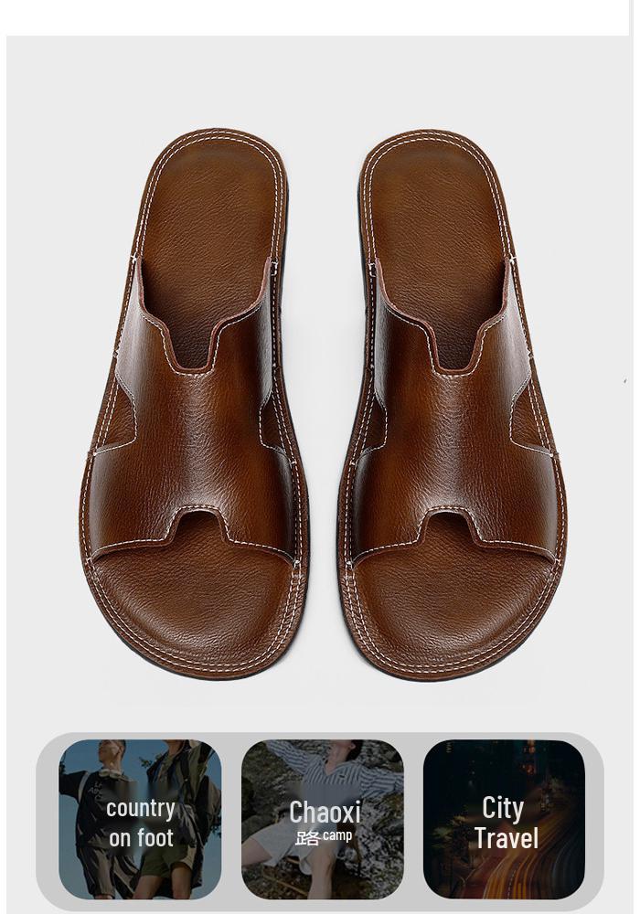 Men's Genuine Leather Cross Strap Slip-on Slippers, Size 46-47, Non-slip Outdoor Beach Flip Flops