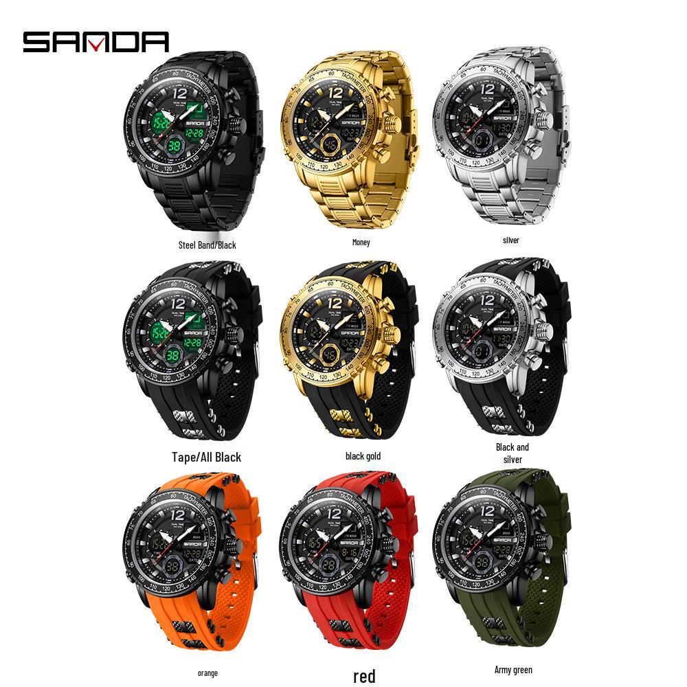 Sanda Men's Dual Display Multifunction Steel Band Sport Waterproof Watch