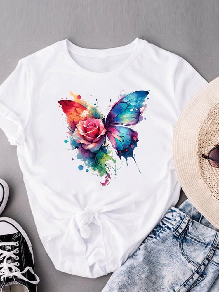 (Asian Size) Clothing Lovely Flower Style Trend Print Female Casual Short Sleeve Fashion T Women's Top Graphic Tee T-shirts
