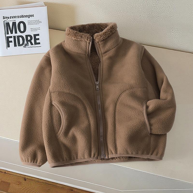 New Autumn and Winter Pink Fleece-Lined Windproof Jacket for Boys and Girls with Stand Collar, Warm and Comfortable Outerwear