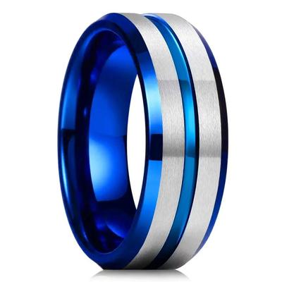 Fashion 8mm Blue Stainless Steel Rings For Men Silver Color Brushed Beveled Edge Steel Engagement Rings Men Wedding Band Jewelry