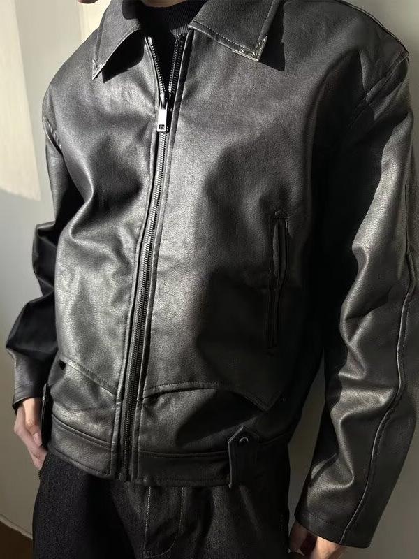 Veste en Cuir Noir Rétro pour Homme - Style Hipster Tendance Pilote avec Texture Craquelée pour le Port en Moto Printemps et Automne
