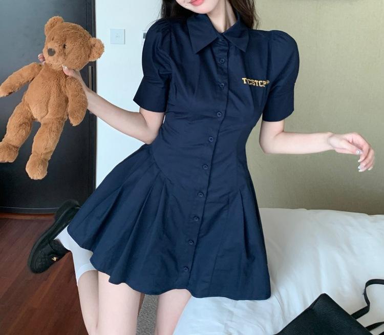 New College Style Lapel Dress, Thin Summer Short Sleeves, Waist Folds, Temperament Breasted A-word Skirt