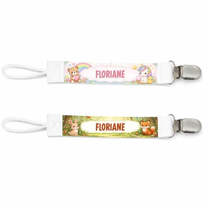 Planetee Lot de 2 Attaches Tétine pour Floriane Animaux Mignons - Attache Sucette Personnalisée Bébé Fille Cadeau Naissance