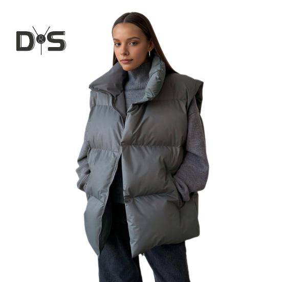 

Зимний женский жилет, пальто, утолщенный, с застежкой-молнией, с пышным воротником-стойкой, без рукавов, однотонный, с защитой от ударов, сохраняющий тепло, уличный пуховый жилет S темно-серого