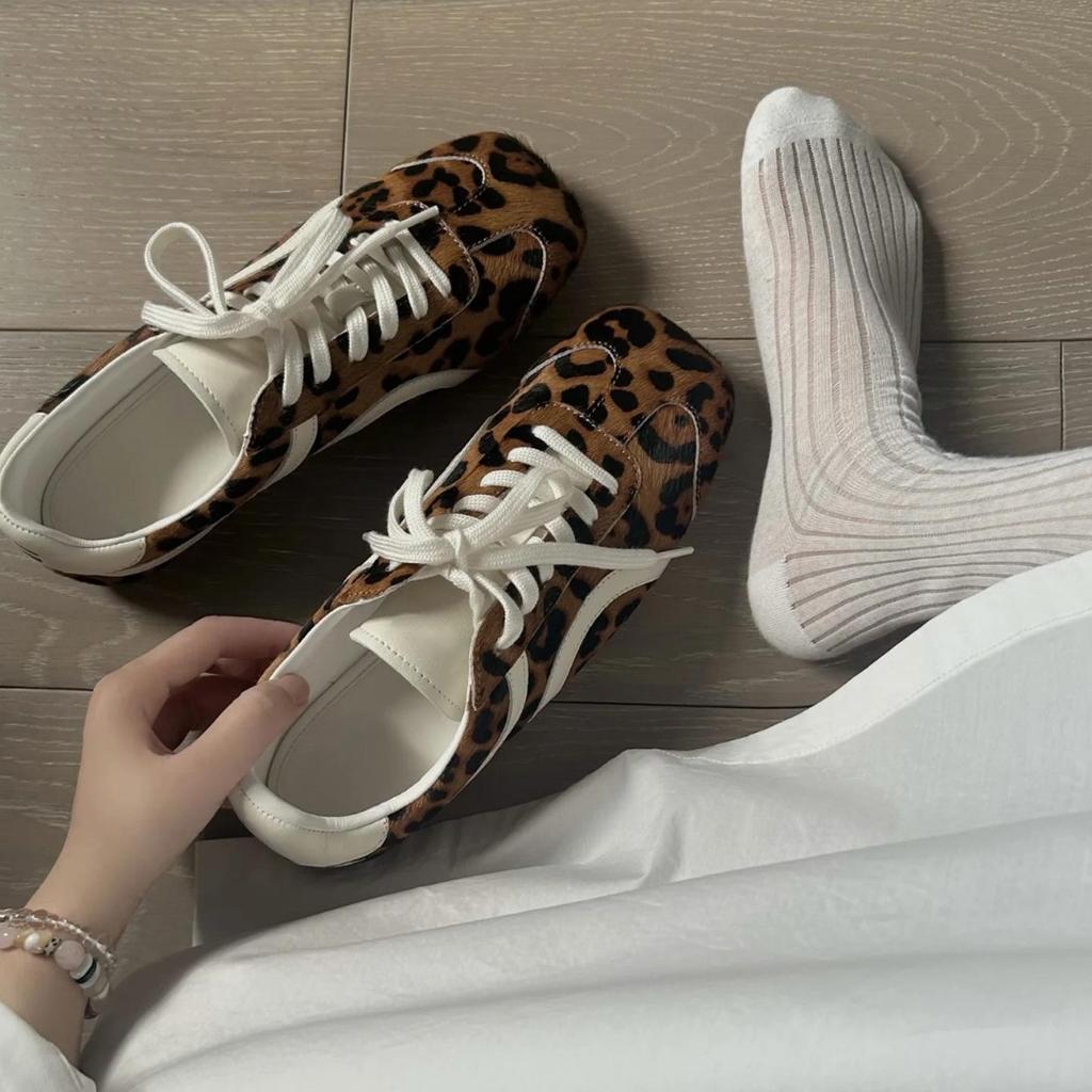 Damen Retro Leopard Print Sneaker - Herbst/Winter 2025 Schnürschuh Quadratische Zehenpartie Lässige Ballerinas in Braun